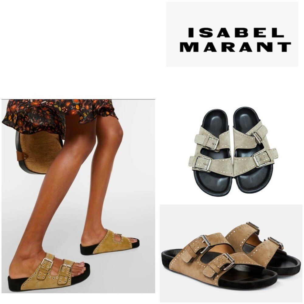 Isabel Marant Suede Studded Slide Sandals Double Buckle Taupe EU 36